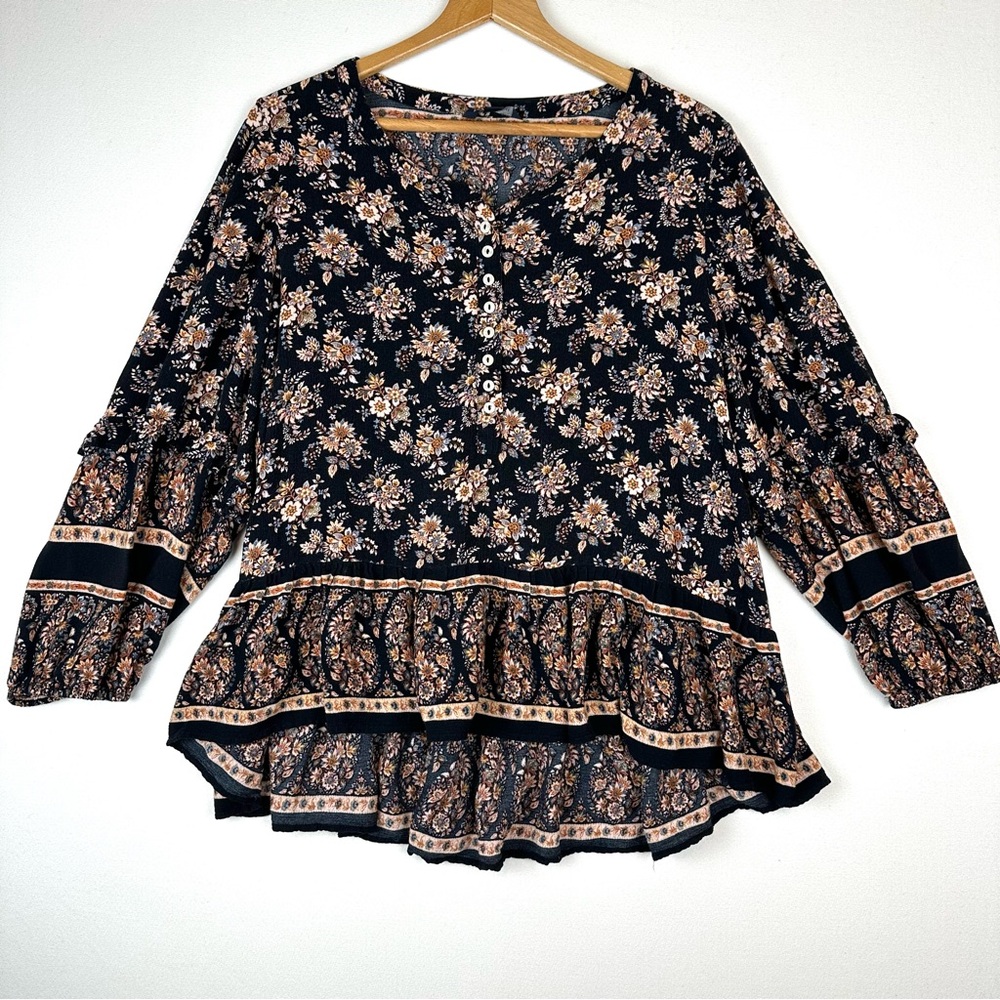 American Eagle Floral Flowy High Low Hem Boho Henley Tunic Blouse
